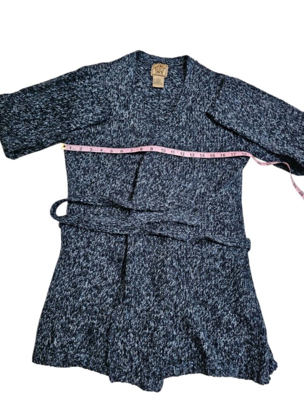 A.M.I. Women Large Cardigan Blue Grey Marled Knit Wrap Belted Essential Timeless - Picture 5 of 6